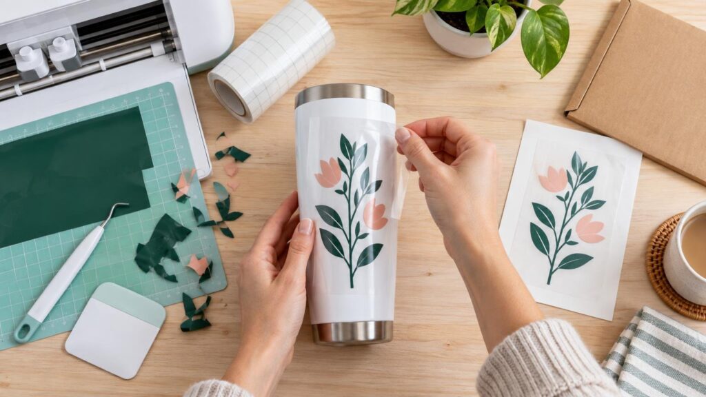 Overhead view of hands applying a floral vinyl decal with clear transfer tape to a white stainless-steel tumbler on a wooden craft table, surrounded by an unbranded cutting machine, gridded mat, vinyl scraps, weeding tool, scraper, and a matching decal sheet.