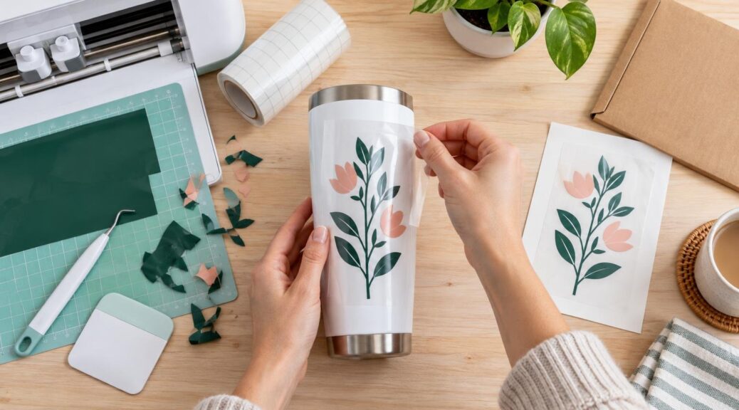 Overhead view of hands applying a floral vinyl decal with clear transfer tape to a white stainless-steel tumbler on a wooden craft table, surrounded by an unbranded cutting machine, gridded mat, vinyl scraps, weeding tool, scraper, and a matching decal sheet.