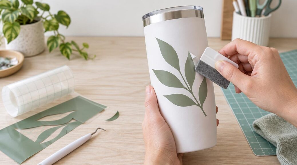 Hands use a small felt-edged scraper to smooth a green leafy vinyl decal onto a white insulated tumbler on a craft table, with transfer tape, a weeded vinyl sheet, a weeding tool, cutting mat, and cloth nearby.