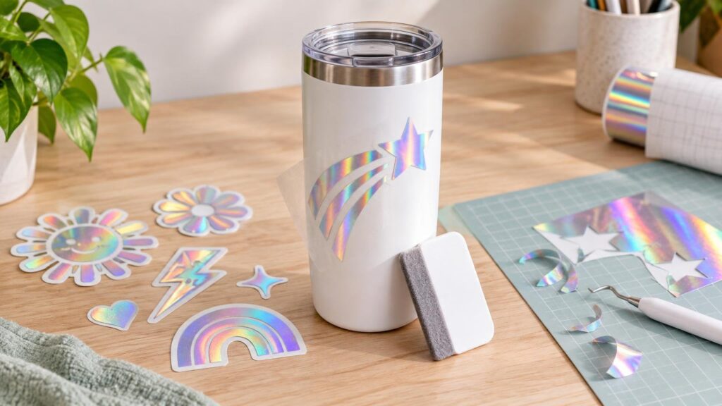 Holographic sticker shapes and cut vinyl pieces on a wooden craft table, with a rainbow shooting-star decal being applied to a white insulated tumbler beside a gridded cutting mat, weeding tool, scraper, and roll of holographic vinyl.