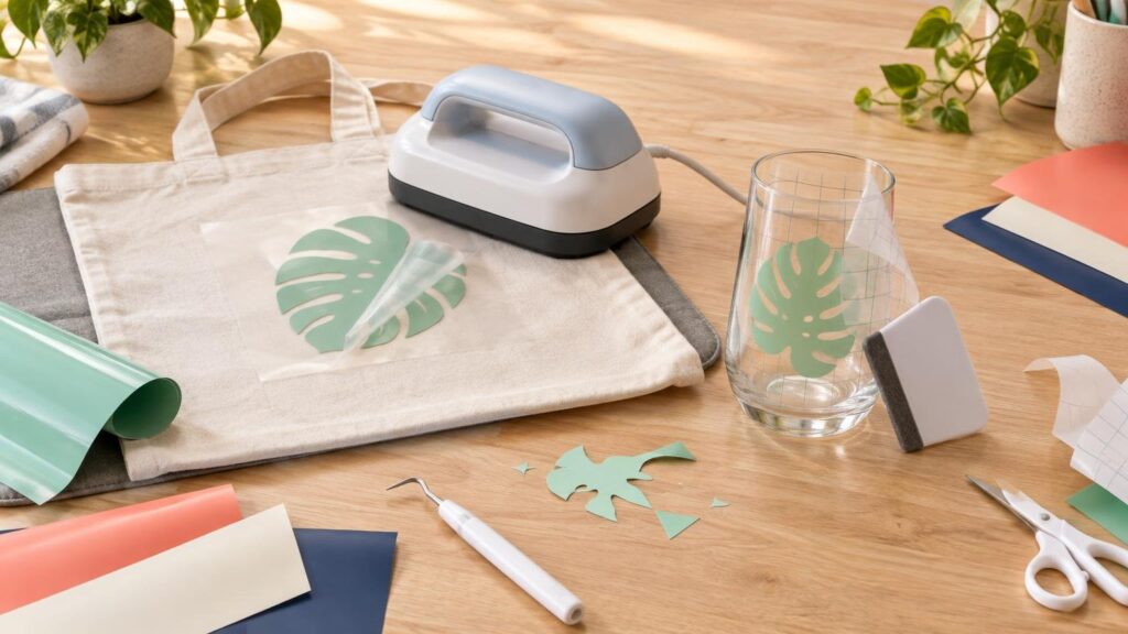 Craft table with a small heat press over a canvas tote, a green leaf vinyl design on transfer film, a glass with a matching leaf decal, vinyl sheets, a weeding tool, scissors, and a scraper.