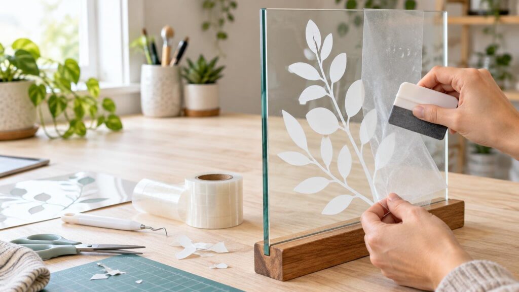 Hands use a felt-edged squeegee to apply a white leafy vinyl decal to a clear glass panel with transfer tape on a bright craft table.